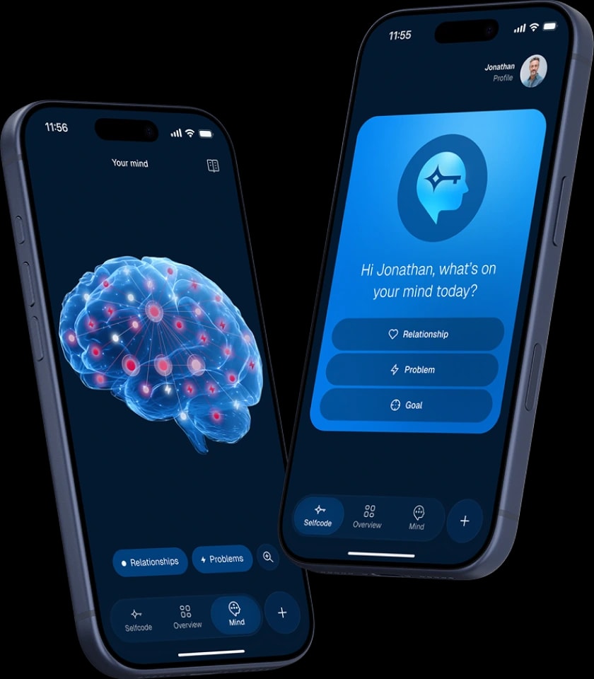 Selfcode — AI-guided wellbeing app, two mobile screens
