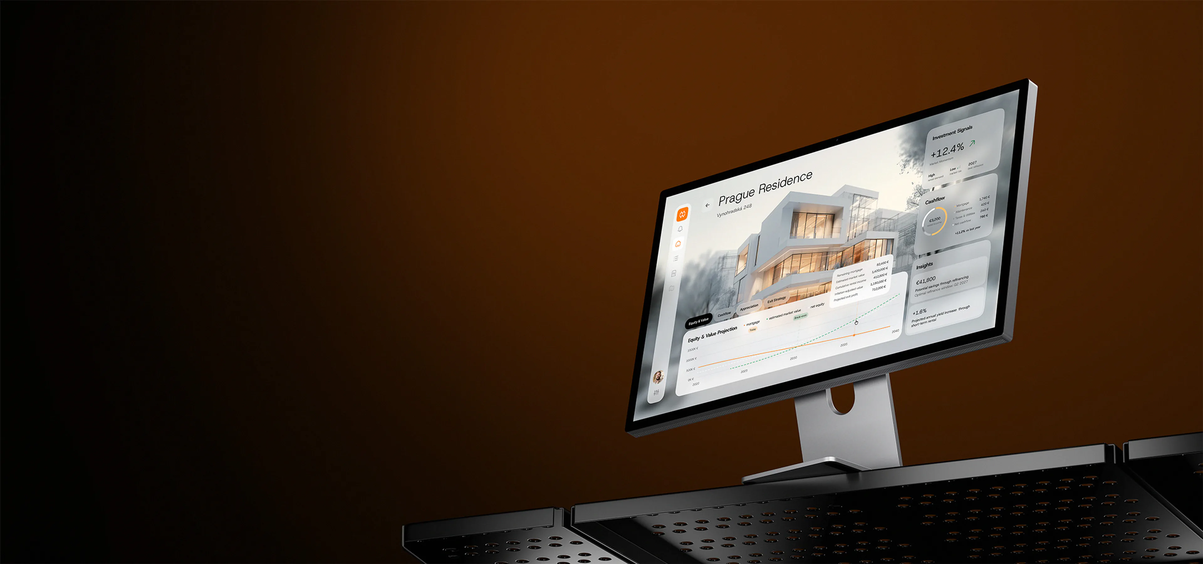 3D render of a desktop monitor showing a product dashboard